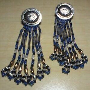 Silver Tone Blue Glass Beads Pierce Earrings  3" Long